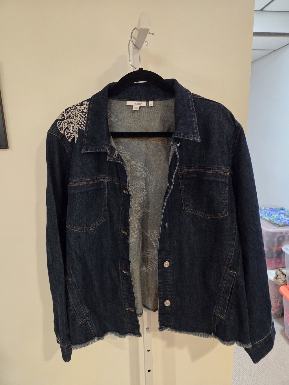 Chico's Dark Indigo Jean Jacket with White Embroidered Shoulder